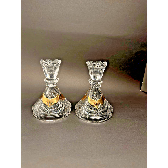 Vintage Set Lead Crystal CANDLE HOLDERS Gold Wing Design Anna Hutte Bleikristall - Picture 4 of 16